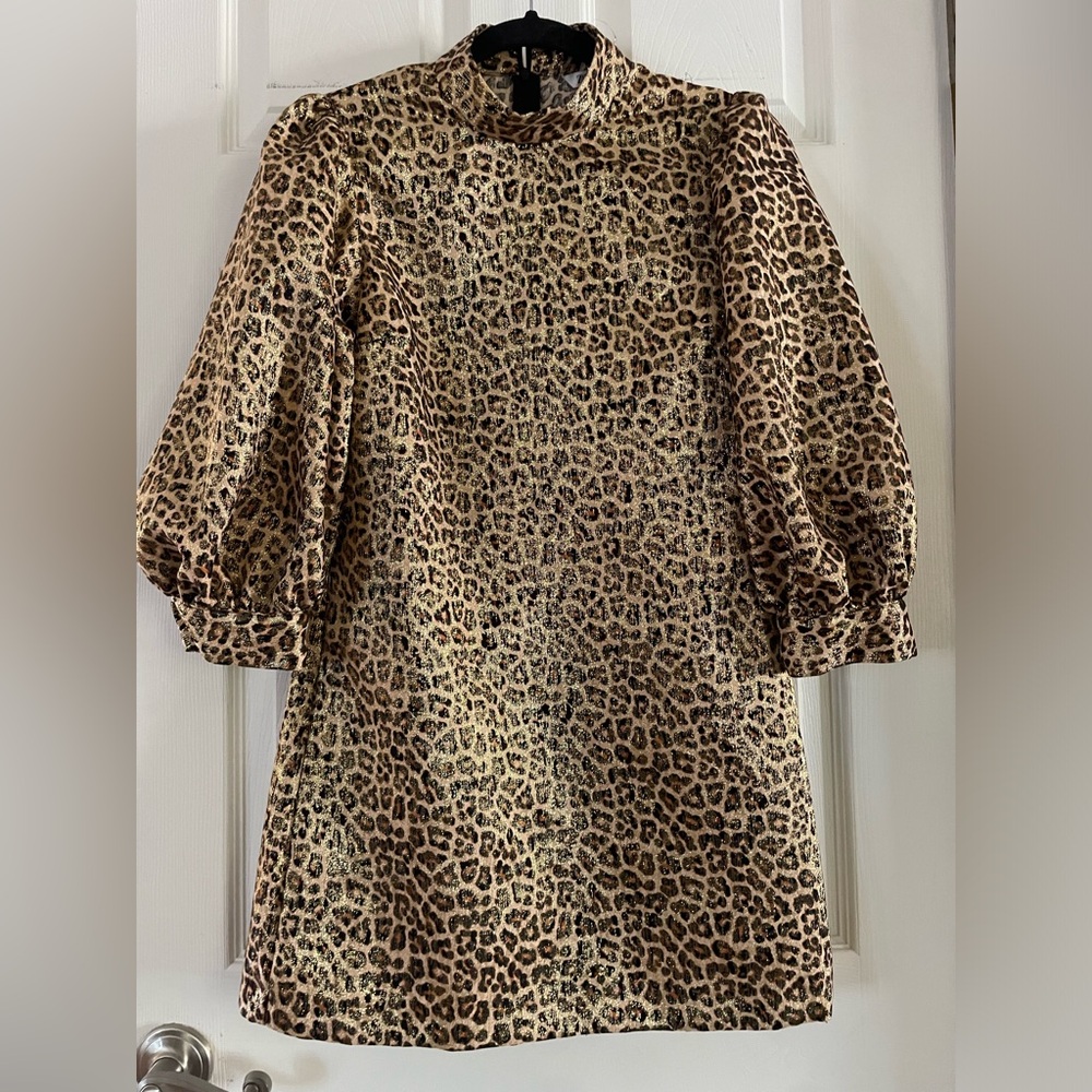 Zara Metallic Leopard-Print Long Sleeve Dress in Brown and Black